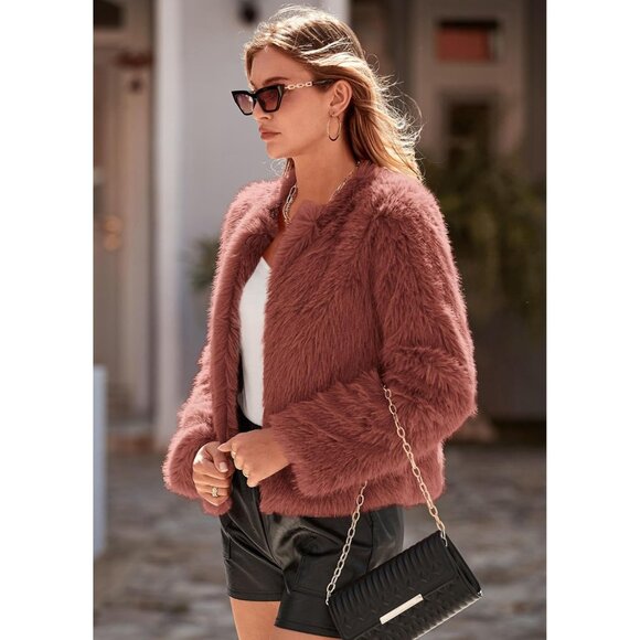 〽️Women's Rust Red PRETTYGARDEN Winter Cropped Faux Fur Warm Outerwear Jacket - Picture 7 of 8